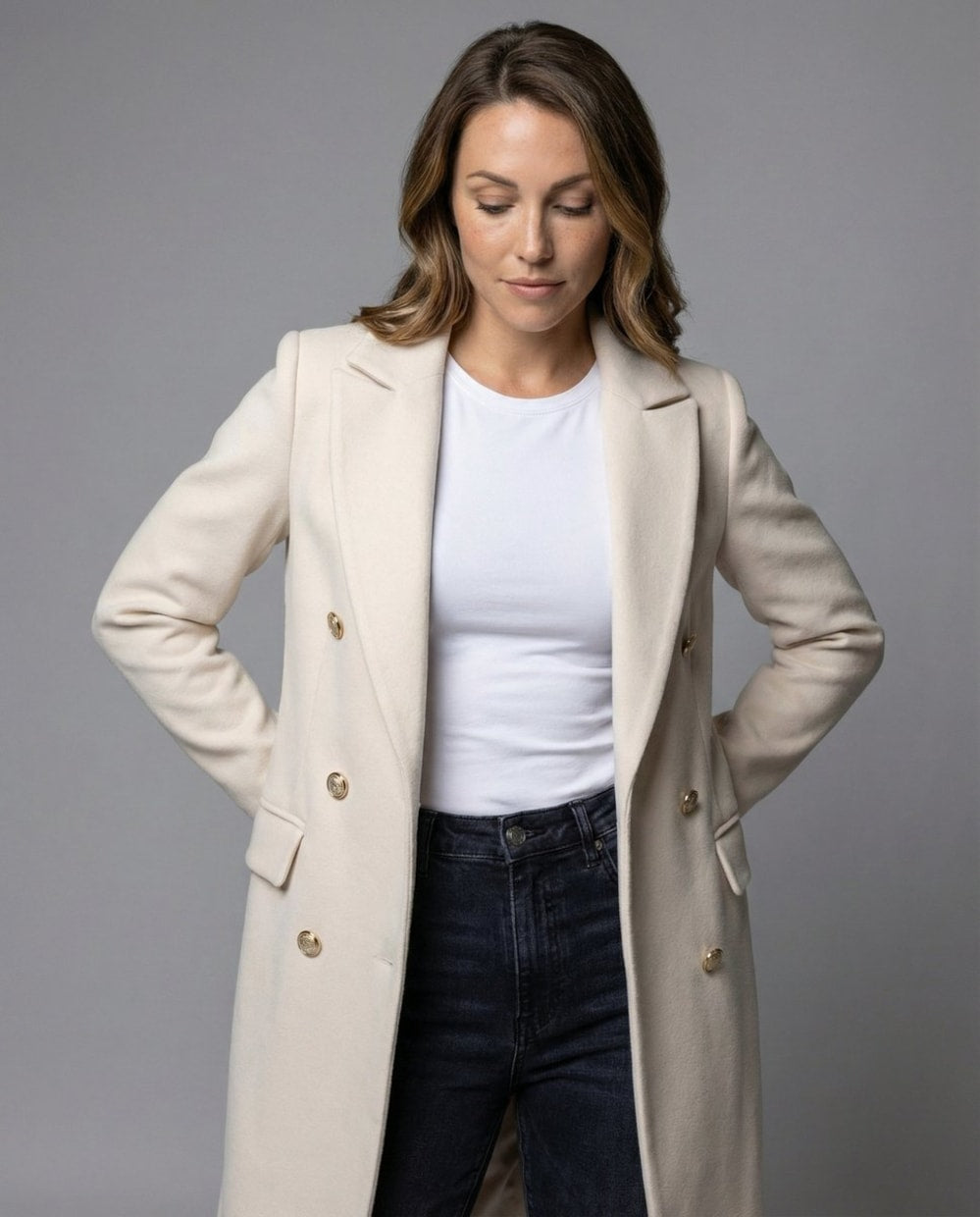 Women's Long Double Breasted Coat with Notch Lapels - Henrietta - Cream