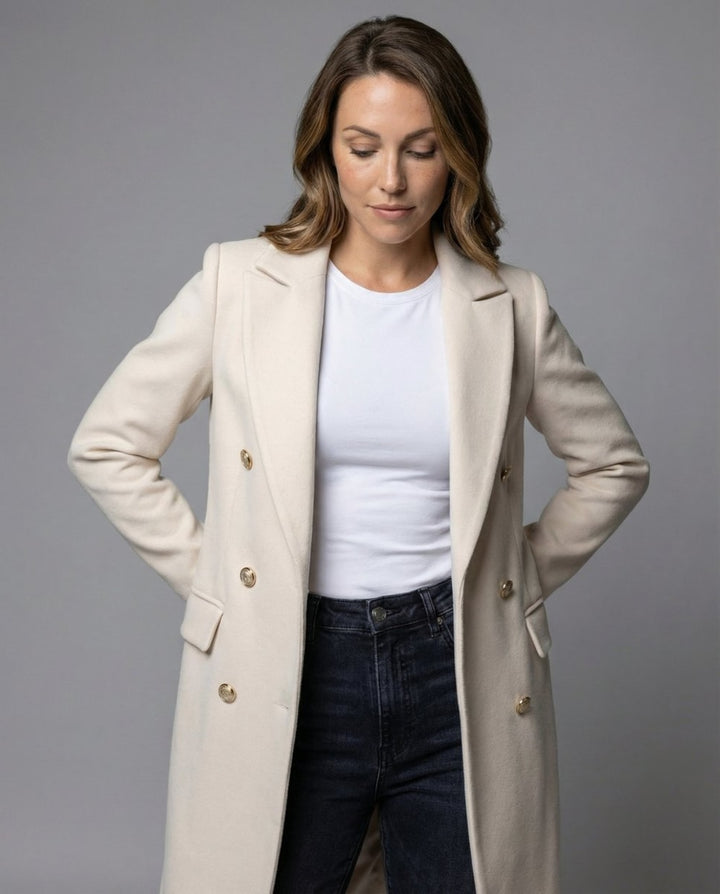 Women's Long Double Breasted Coat with Notch Lapels - Henrietta - Cream