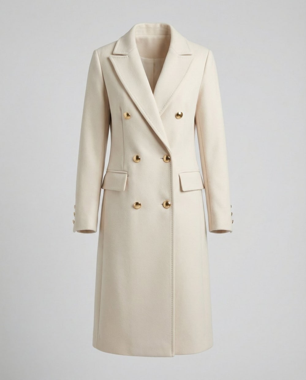 Women's Long Double Breasted Coat with Notch Lapels - Henrietta - Cream