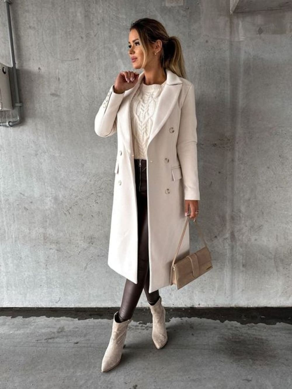 Women's Long Double Breasted Coat with Notch Lapels - Henrietta - Cream