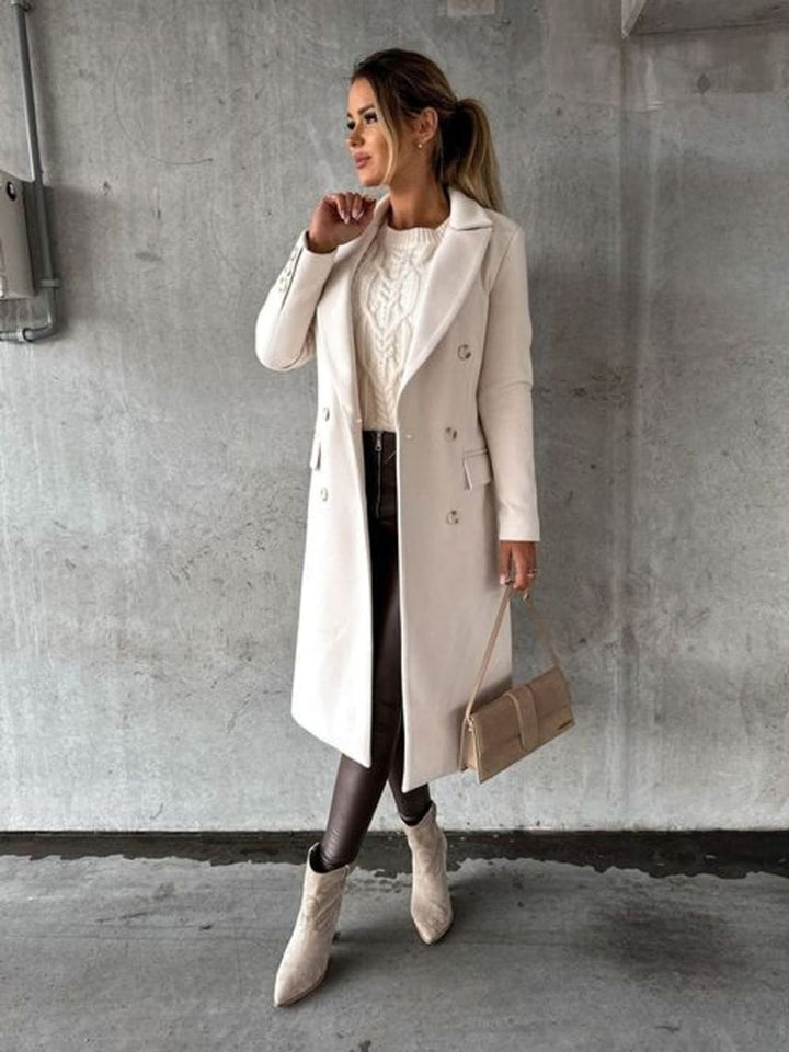 Women's Long Double Breasted Coat with Notch Lapels - Henrietta - Cream