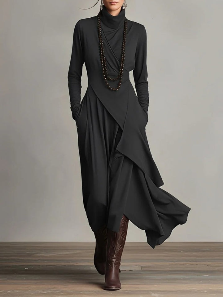 Women's Long Sleeve Maxi Dress with Draped Hem - Cecily - Black