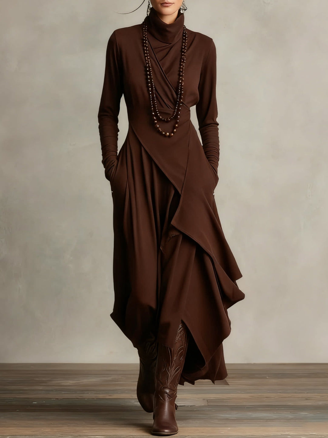 Women's Long Sleeve Maxi Dress with Draped Hem - Cecily - Brown
