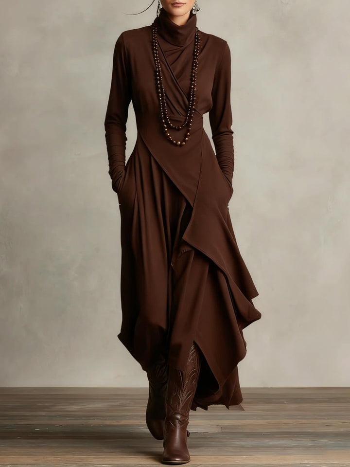 Women's Long Sleeve Maxi Dress with Draped Hem - Cecily - Brown