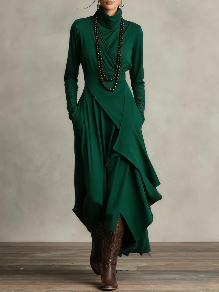 Women's Long Sleeve Maxi Dress with Draped Hem - Cecily - Green