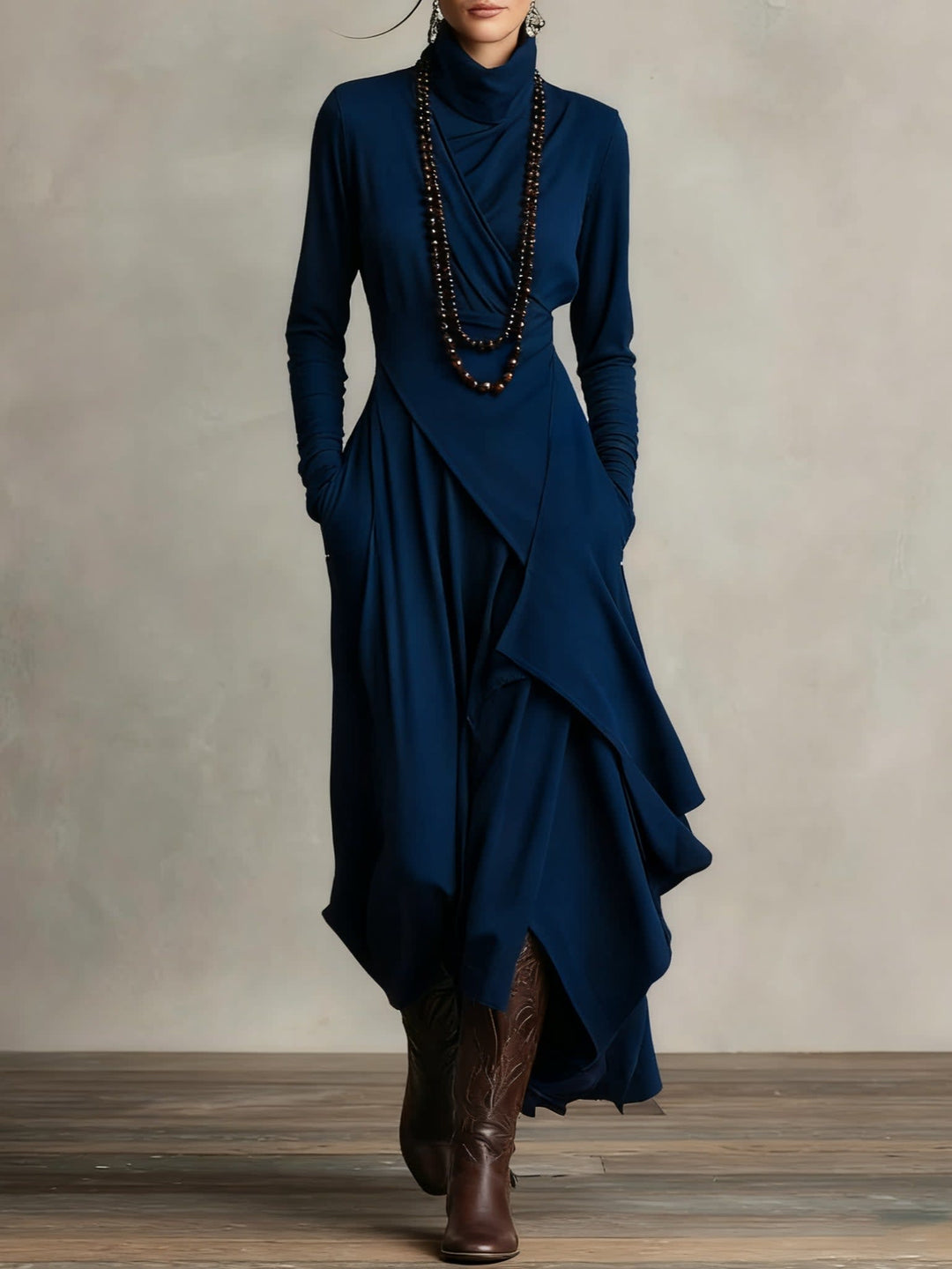 Women's Long Sleeve Maxi Dress with Draped Hem - Cecily - Navy