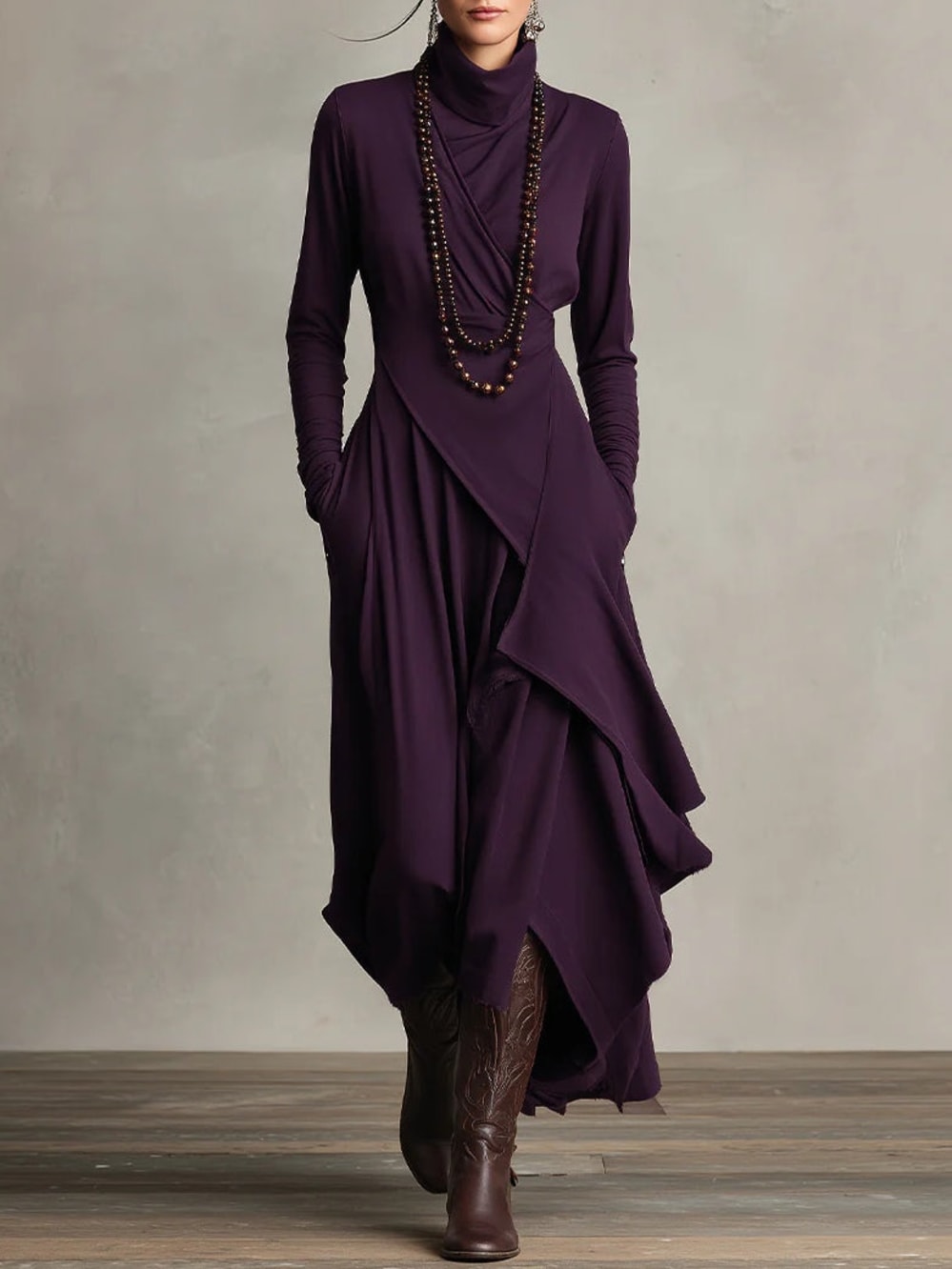 Women's Long Sleeve Maxi Dress with Draped Hem - Cecily - Plum