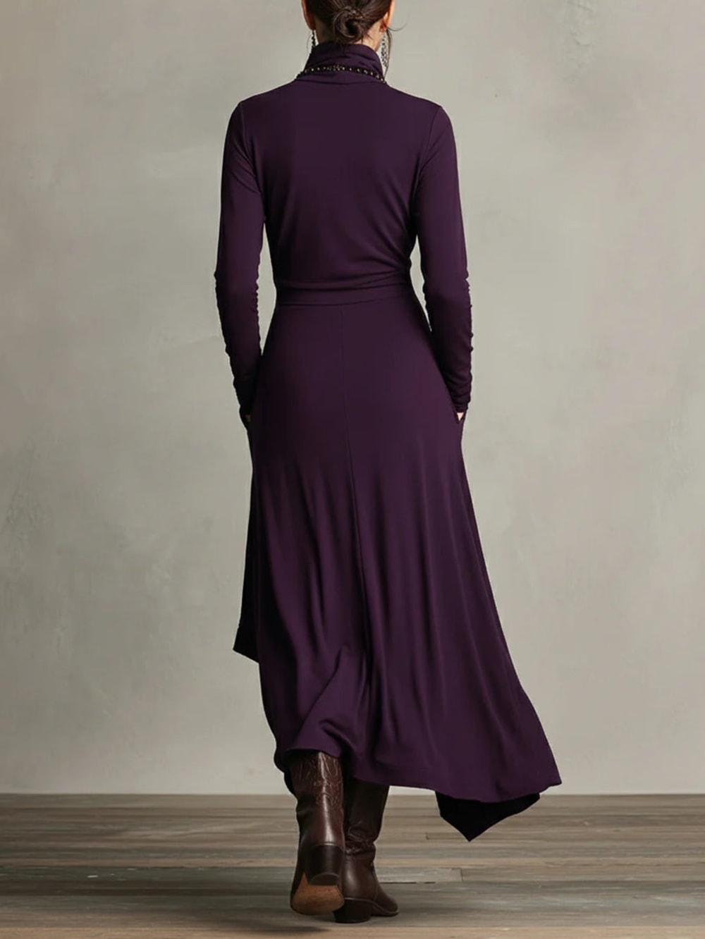 Women's Long Sleeve Maxi Dress with Draped Hem - Cecily - Plum