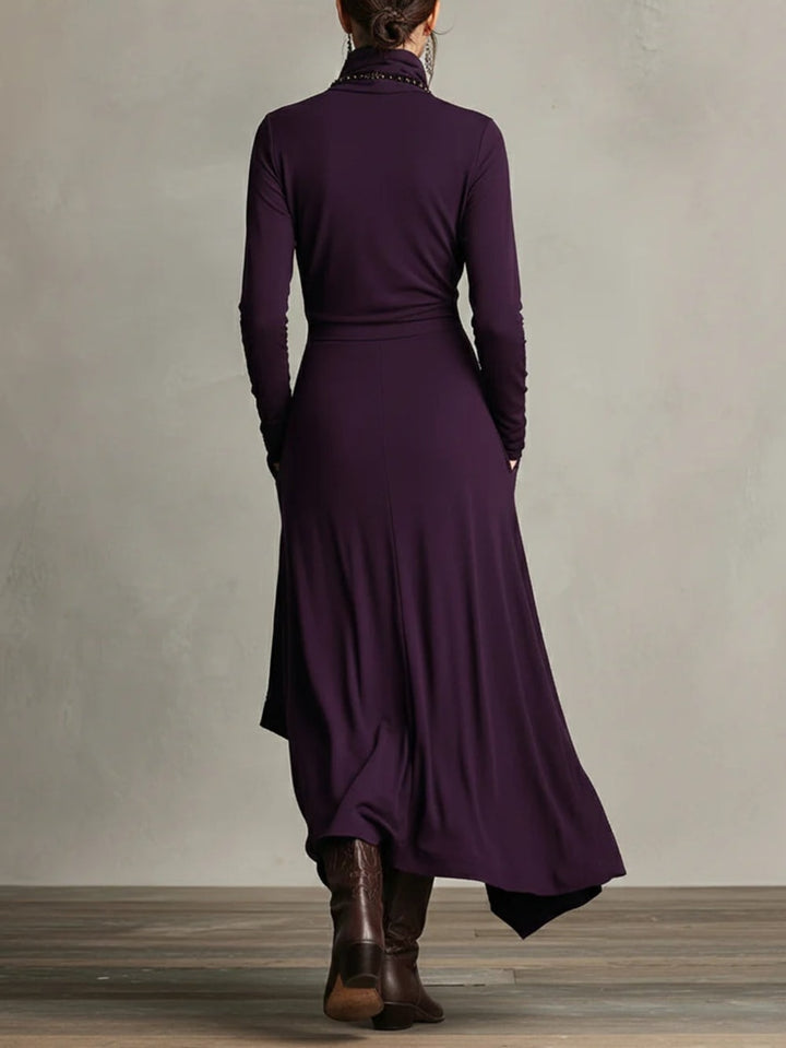 Women's Long Sleeve Maxi Dress with Draped Hem - Cecily - Plum