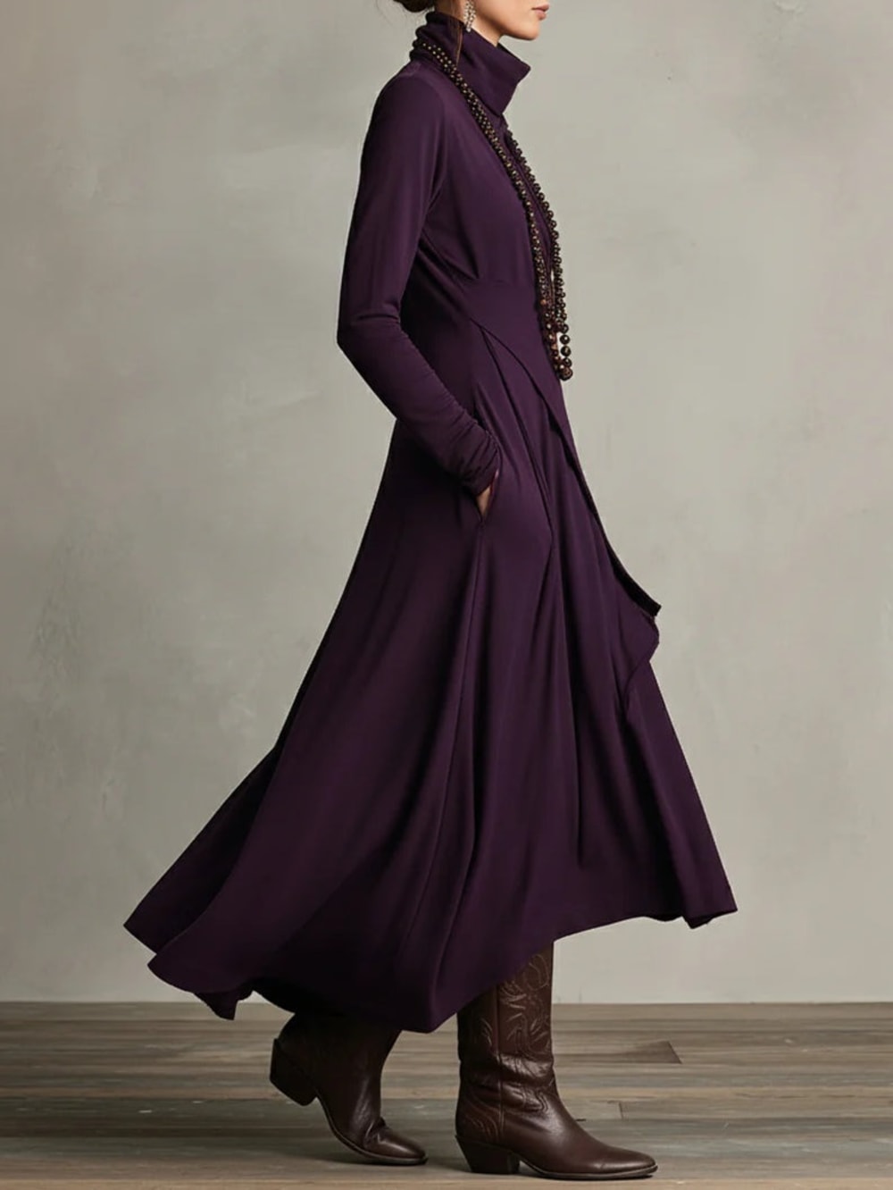 Women's Long Sleeve Maxi Dress with Draped Hem - Cecily - Plum