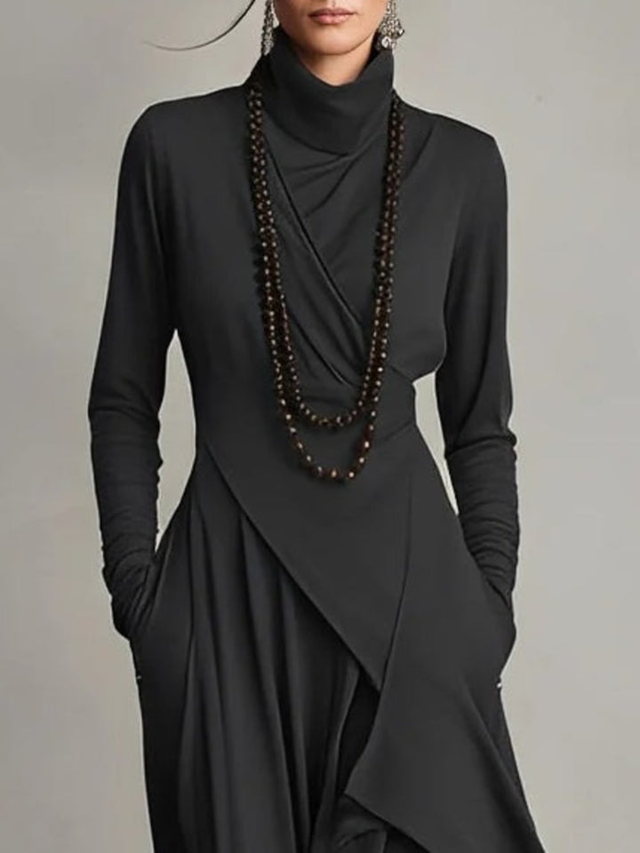 Women's Long Sleeve Maxi Dress with Draped Hem - Cecily - Plum