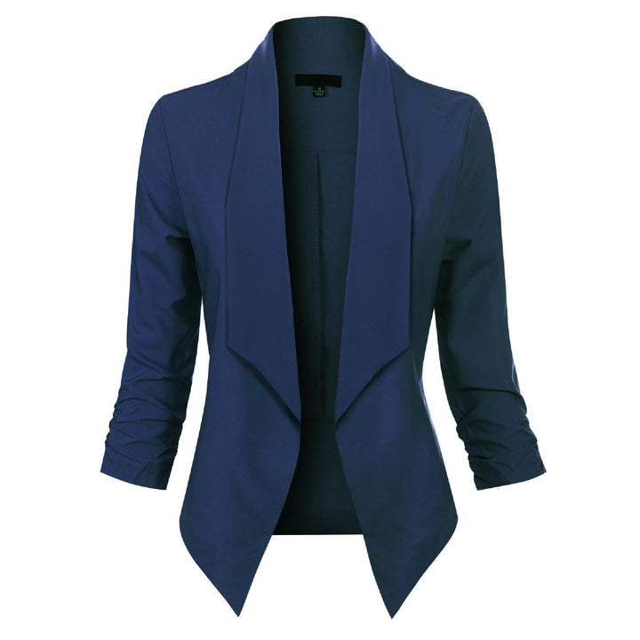 Women's Open Front Blazer with Ruched Sleeves - Georgina - Navy
