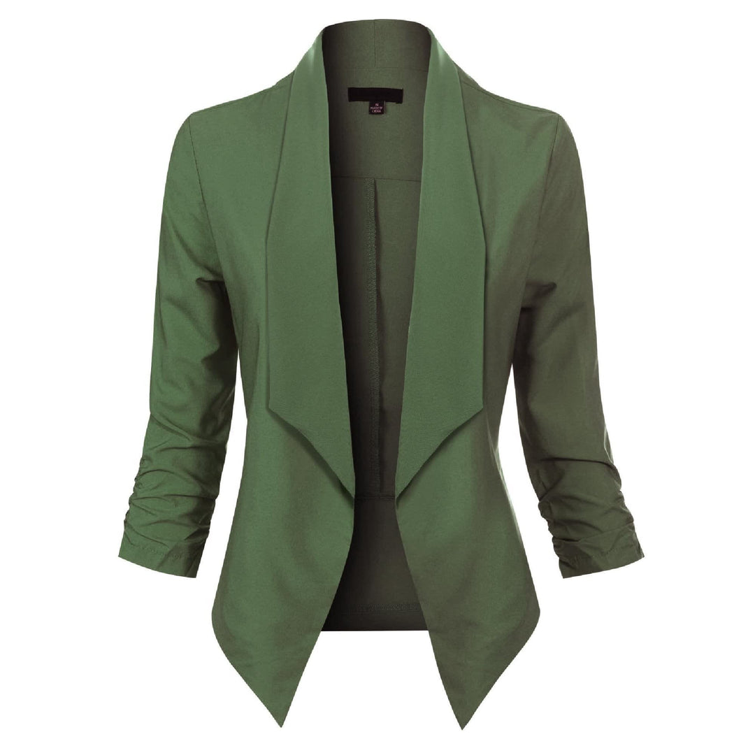 Women's Open Front Blazer with Ruched Sleeves - Georgina - Olive