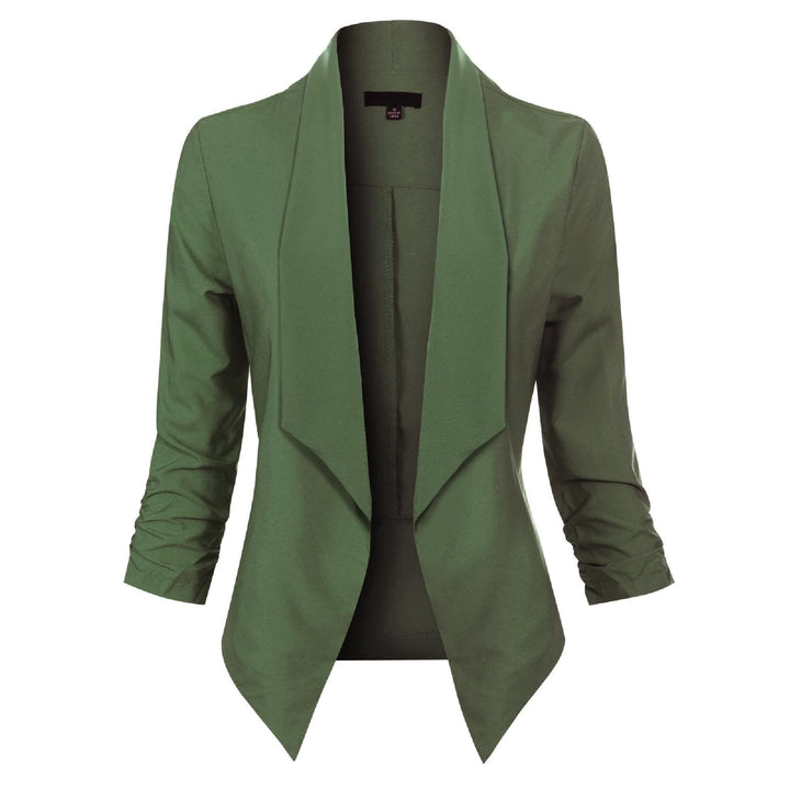 Women's Open Front Blazer with Ruched Sleeves - Georgina - Olive