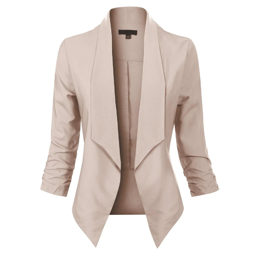 Women's Open Front Blazer with Ruched Sleeves - Georgina - Stone