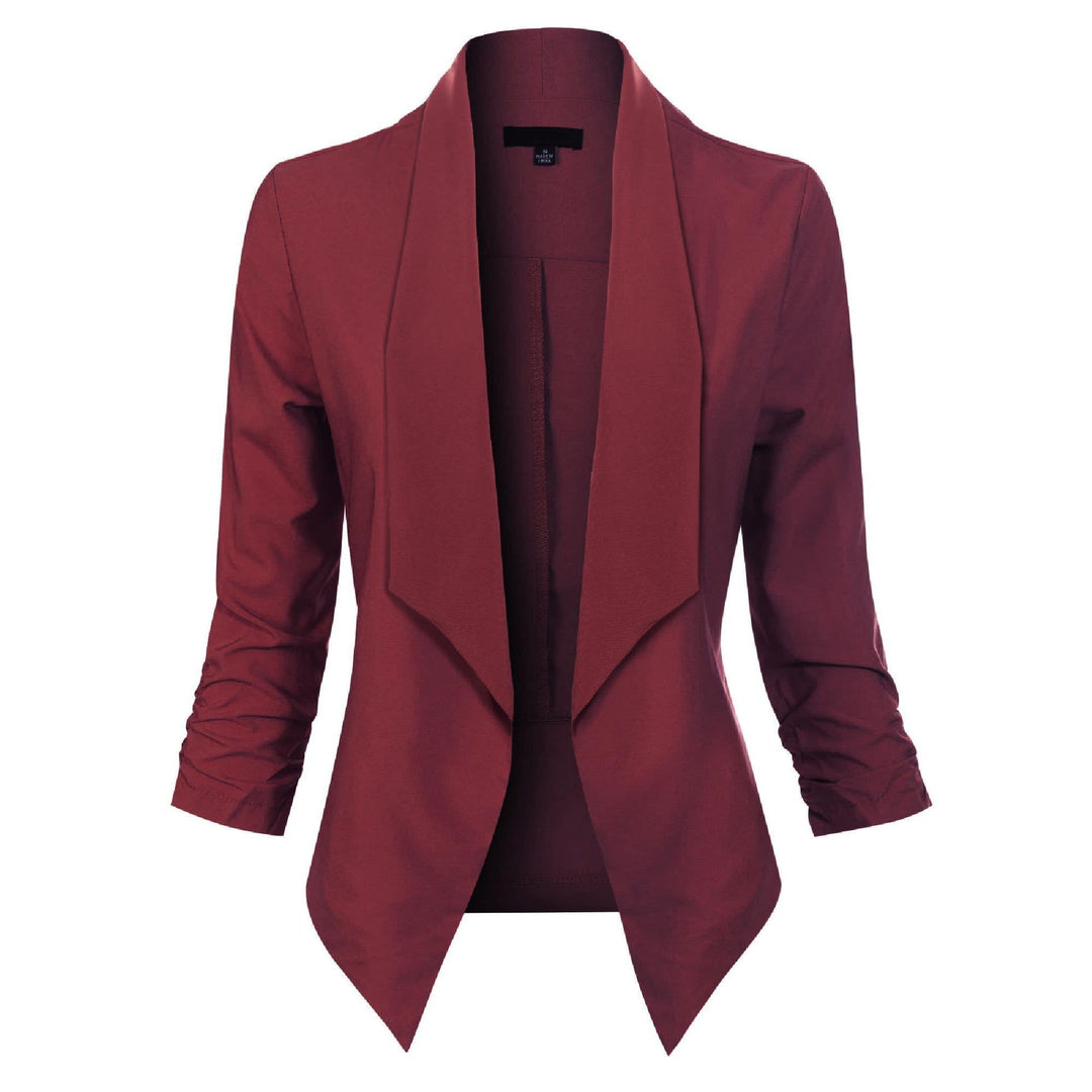 Women's Open Front Blazer with Ruched Sleeves - Georgina - Wine