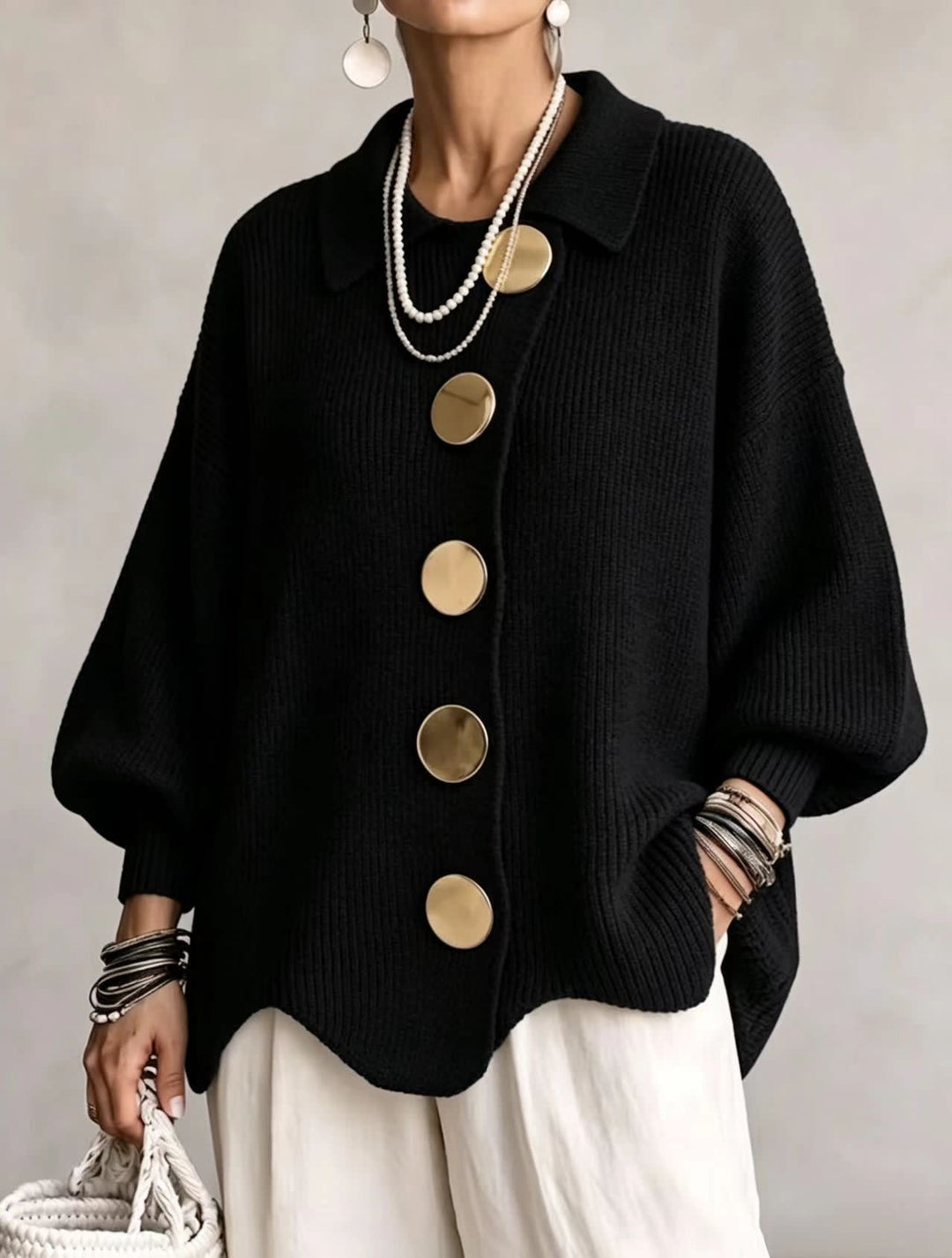 Women's Oversized Collared Cardigan with Large Buttons - Imelda - Black