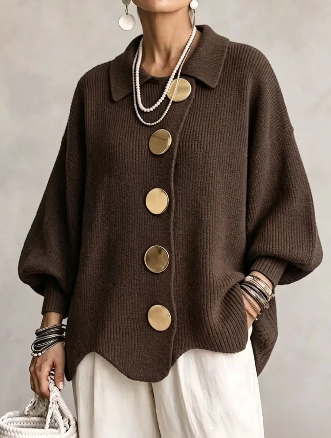 Women's Oversized Collared Cardigan with Large Buttons - Imelda - Brown