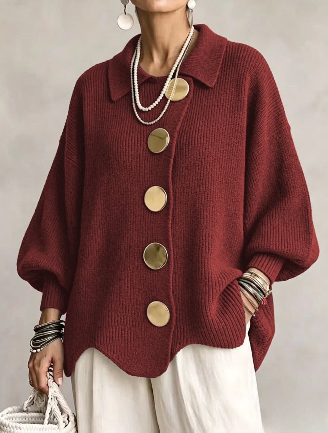 Women's Oversized Collared Cardigan with Large Buttons - Imelda - Burgundy
