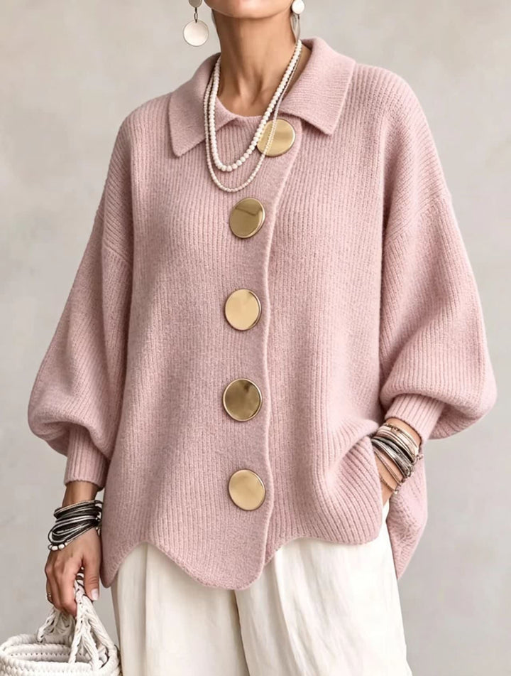 Women's Oversized Collared Cardigan with Large Buttons - Imelda - Dusty Pink