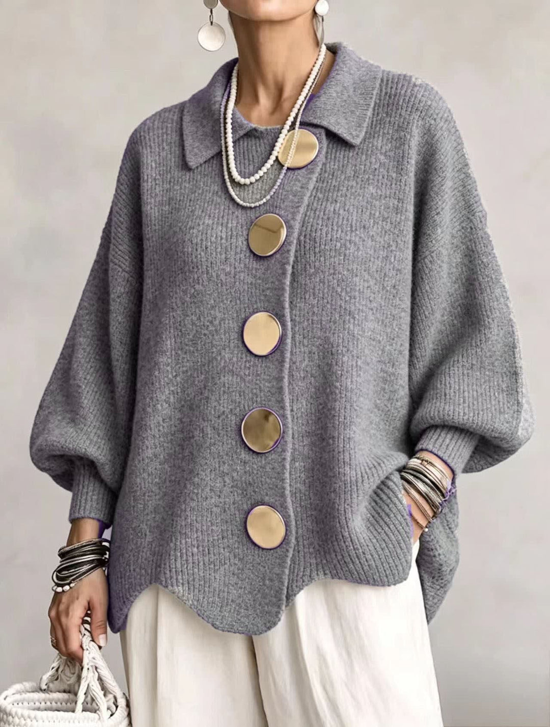 Women's Oversized Collared Cardigan with Large Buttons - Imelda - Grey