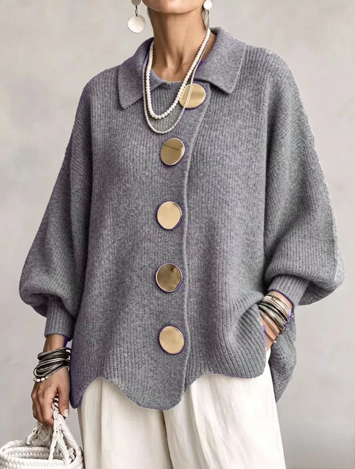 Women's Oversized Collared Cardigan with Large Buttons - Imelda - Grey