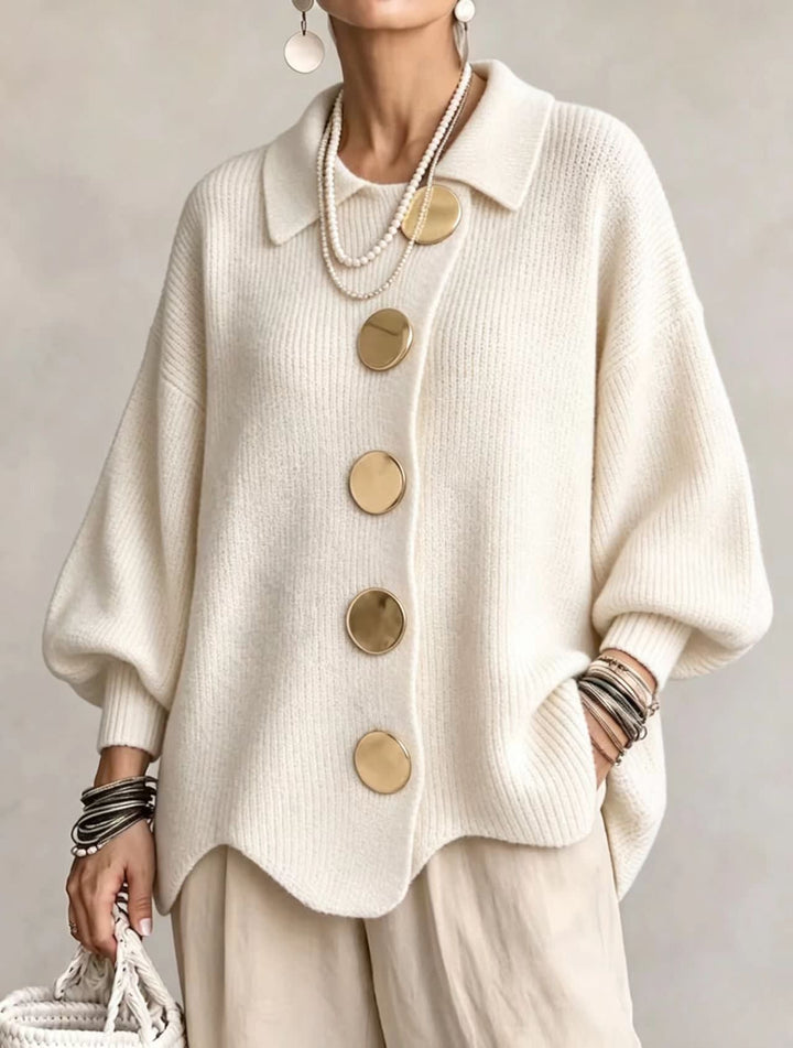 Women's Oversized Collared Cardigan with Large Buttons - Imelda - Ivory