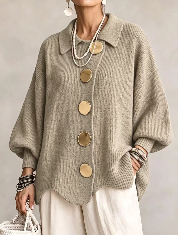 Women's Oversized Collared Cardigan with Large Buttons - Imelda - Khaki