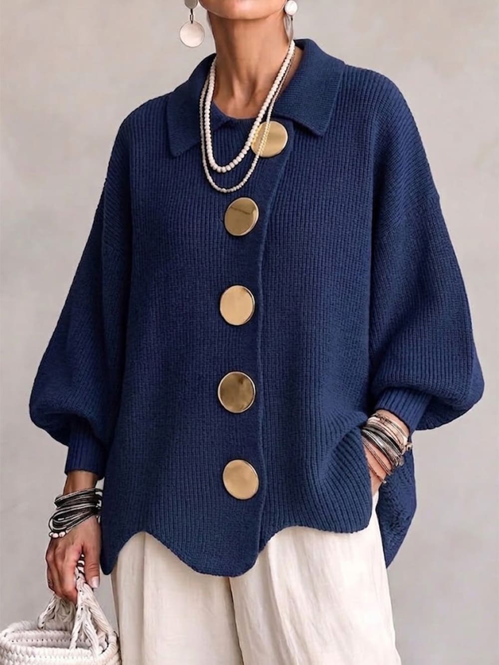 Women's Oversized Collared Cardigan with Large Buttons - Imelda - Navy