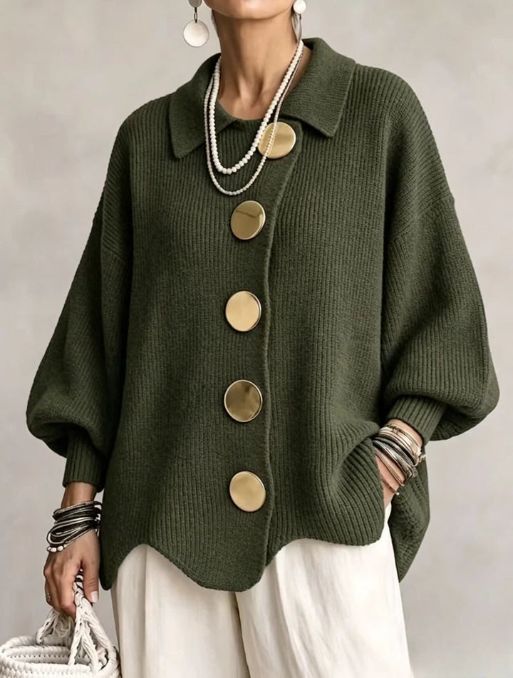 Women's Oversized Collared Cardigan with Large Buttons - Imelda - Olive