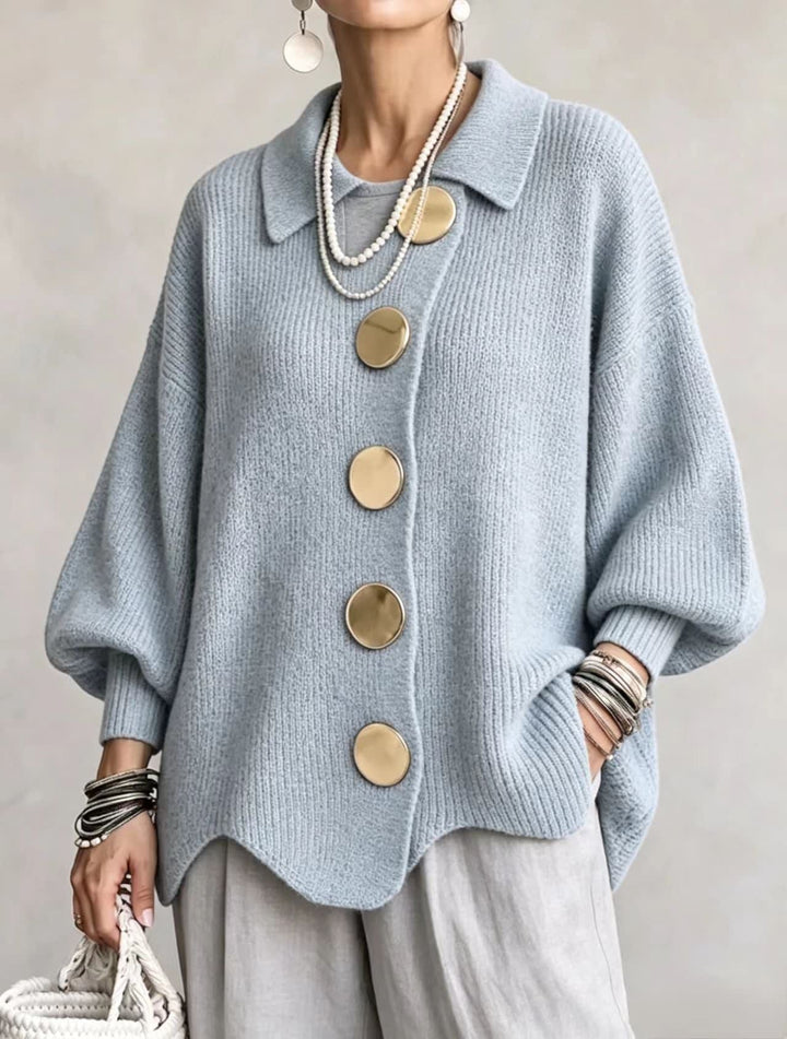 Women's Oversized Collared Cardigan with Large Buttons - Imelda - Sky Blue