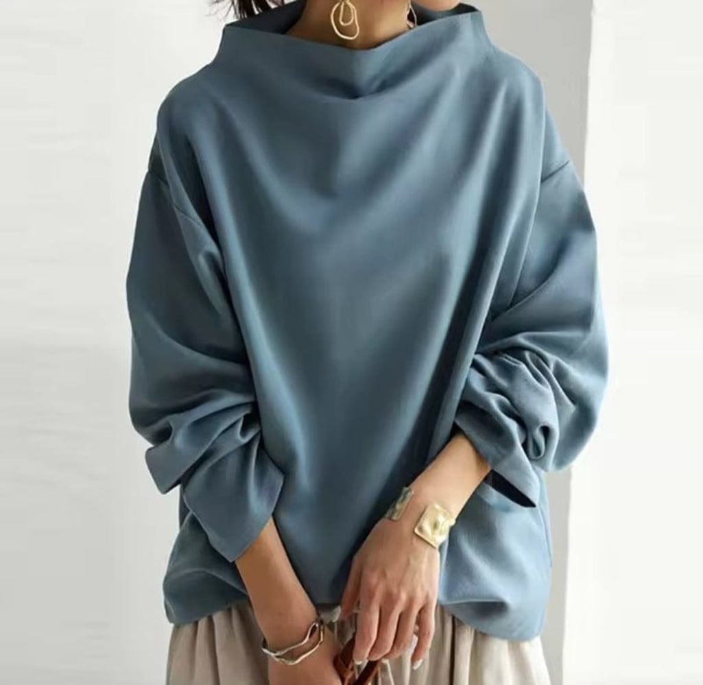 Women's Oversized Funnel Neck Top with Wide Sleeves - Ophelia - Dusty Blue