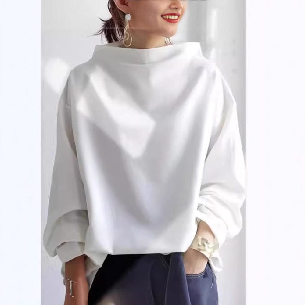Women's Oversized Funnel Neck Top with Wide Sleeves - Ophelia - White