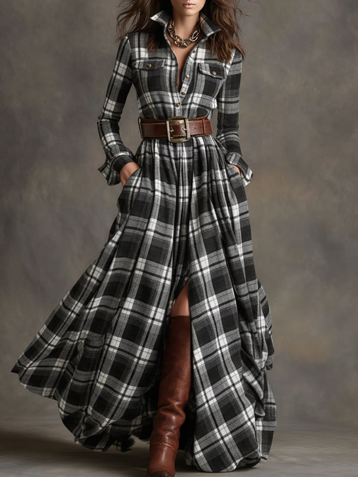 Women's Plaid Maxi Shirt Dress with Button Front - Romilly - Black Plaid