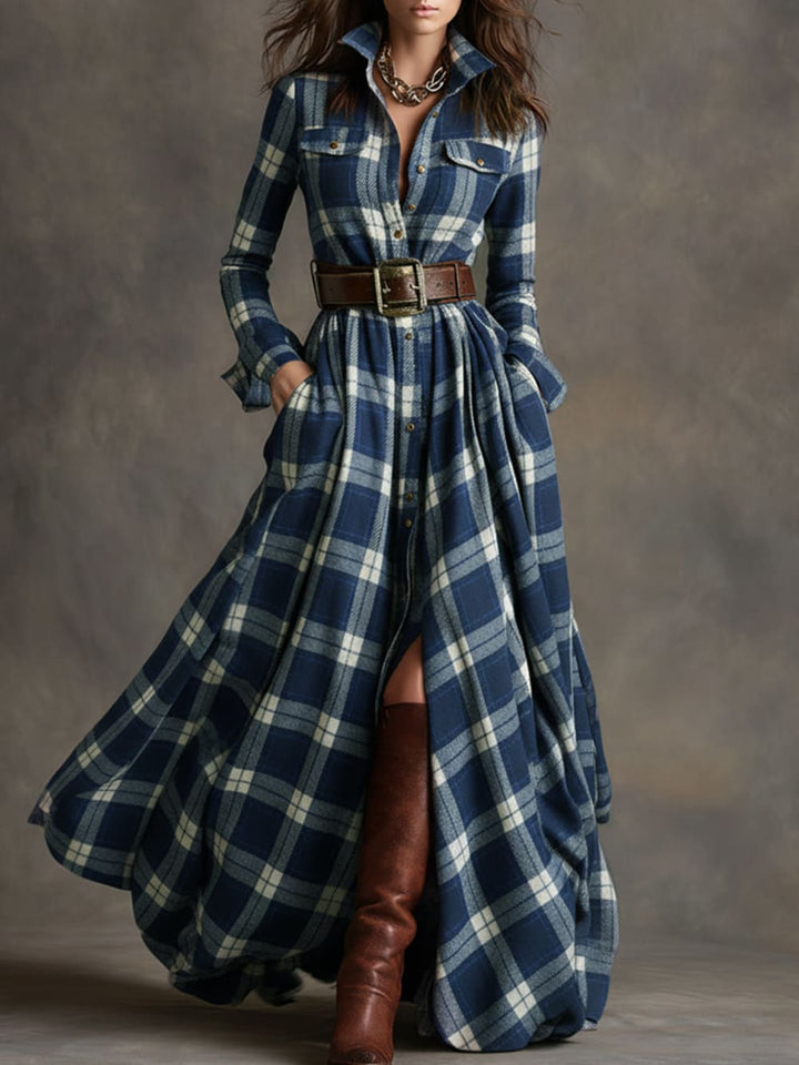 Women's Plaid Maxi Shirt Dress with Button Front - Romilly - Blue Plaid