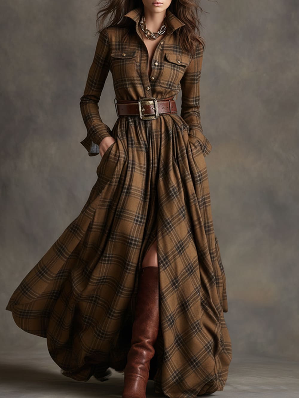 Women's Plaid Maxi Shirt Dress with Button Front - Romilly - Brown Plaid