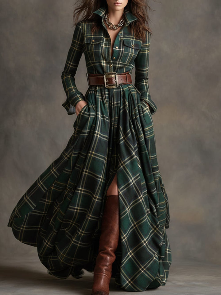Women's Plaid Maxi Shirt Dress with Button Front - Romilly - Green Plaid