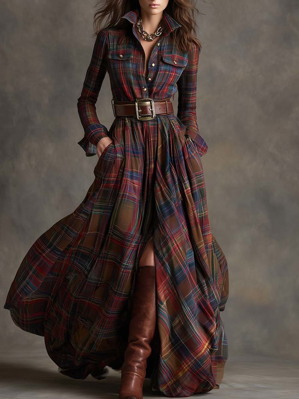 Women's Plaid Maxi Shirt Dress with Button Front - Romilly - Red Plaid