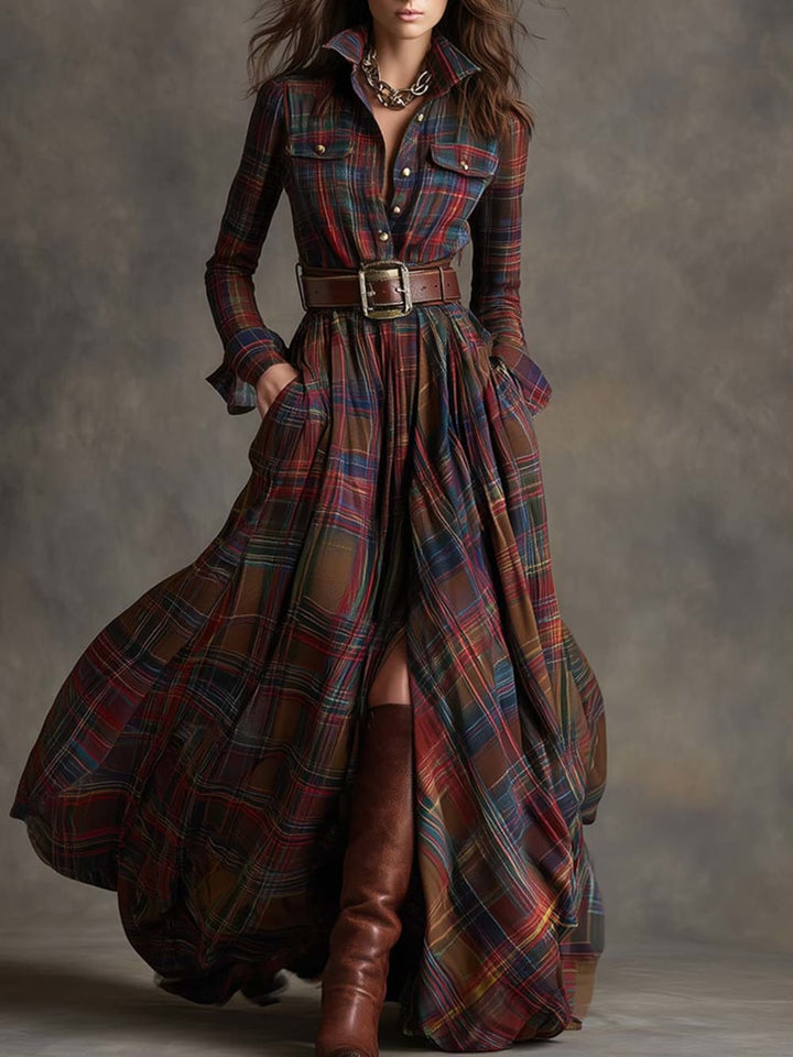 Women's Plaid Maxi Shirt Dress with Button Front - Romilly - Red Plaid