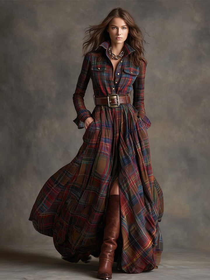 Women's Plaid Maxi Shirt Dress with Button Front - Romilly - Red Plaid