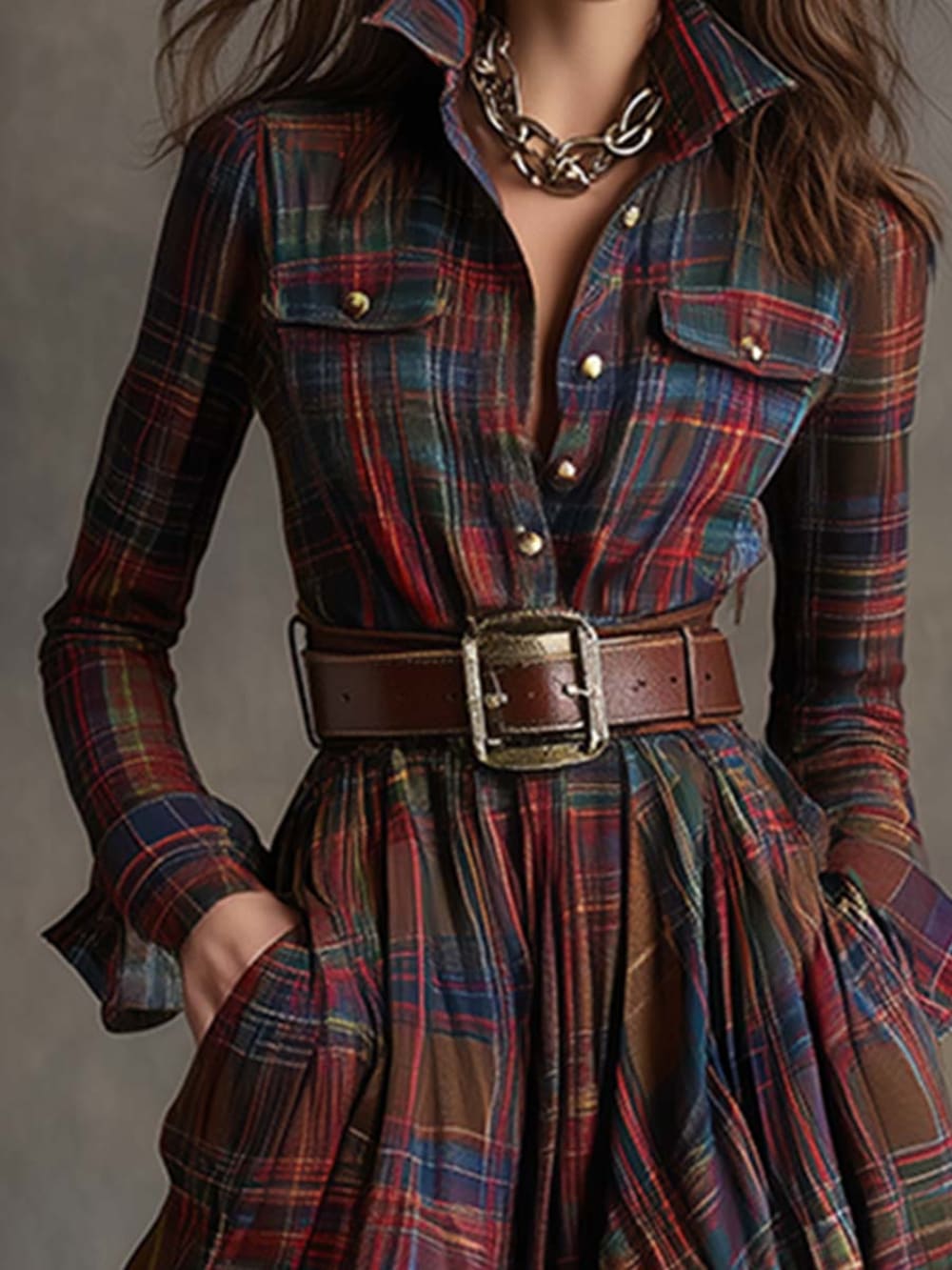 Women's Plaid Maxi Shirt Dress with Button Front - Romilly - Red Plaid