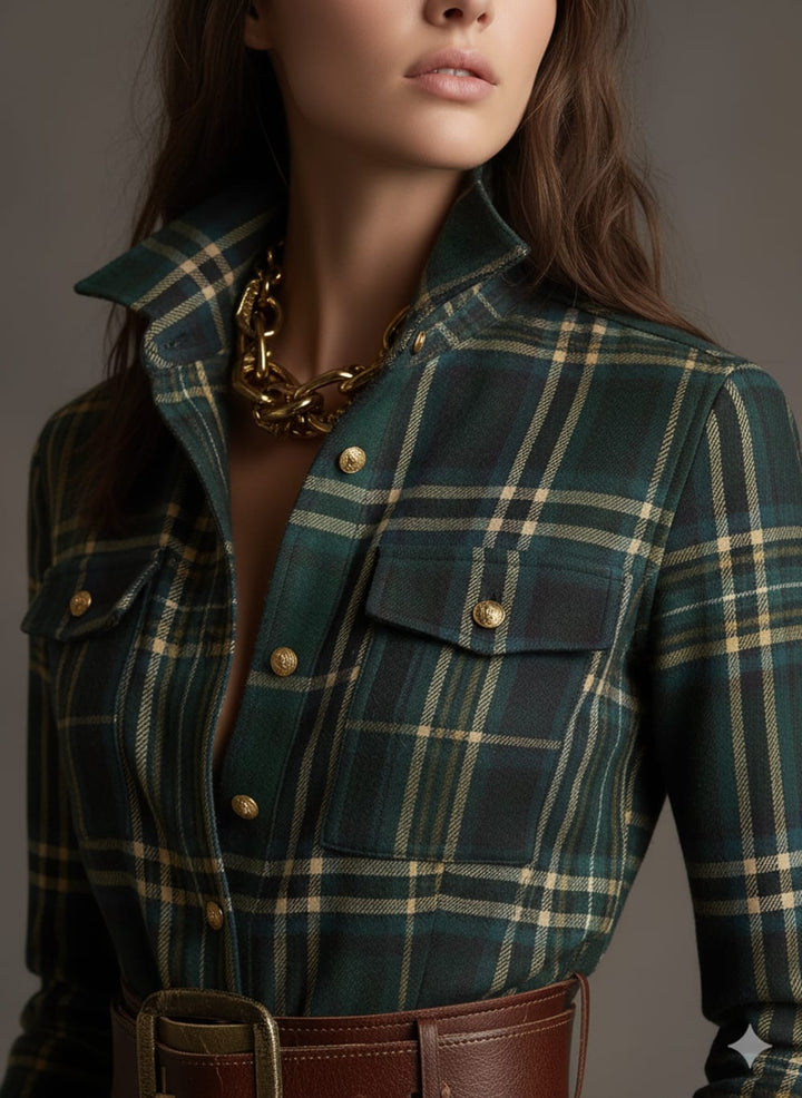 Women's Plaid Maxi Shirt Dress with Button Front - Romilly - Red Plaid
