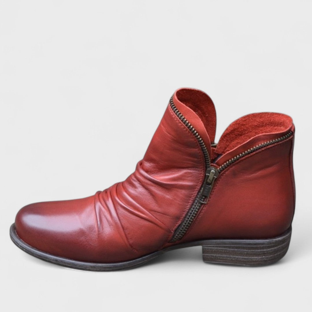 Women's Ruched Zip Ankle Boots - Isla - Red