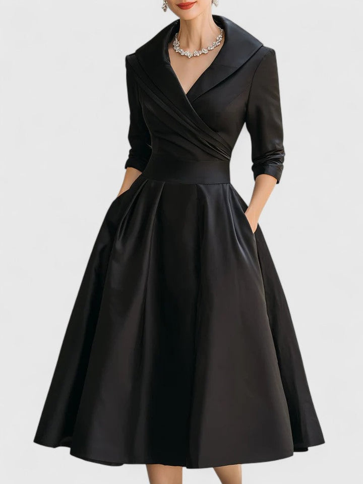 Women's Shawl Collar Midi Dress with Pockets - Clemency - Black
