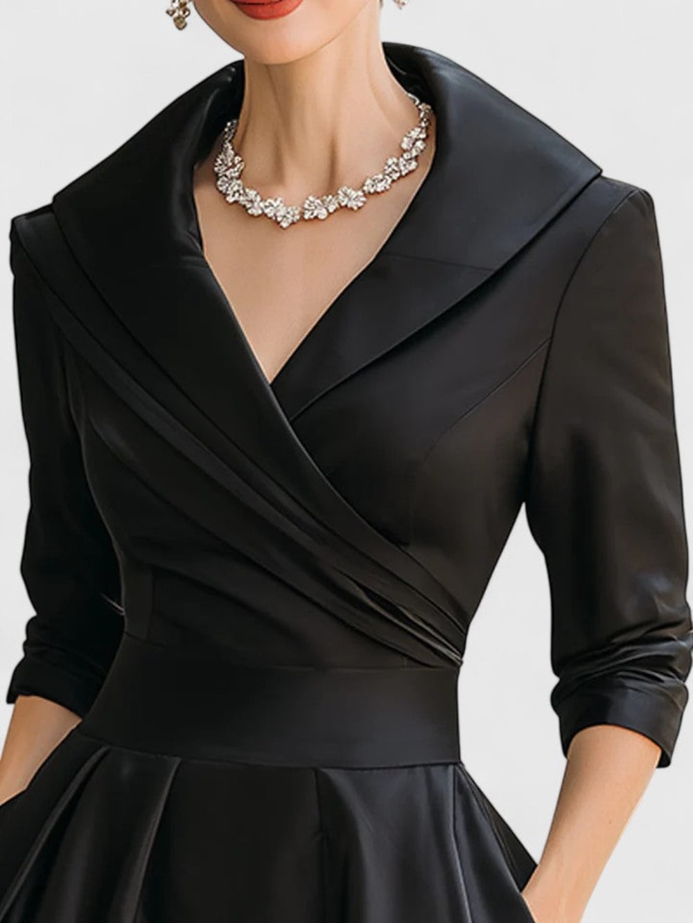 Women's Shawl Collar Midi Dress with Pockets - Clemency - Black