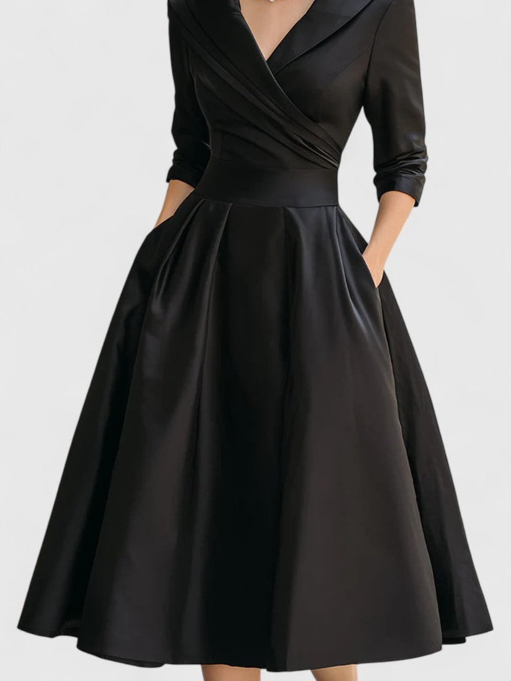 Women's Shawl Collar Midi Dress with Pockets - Clemency - Black