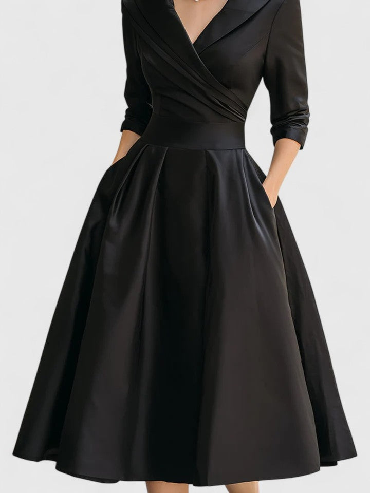 Women's Shawl Collar Midi Dress with Pockets - Clemency - Black