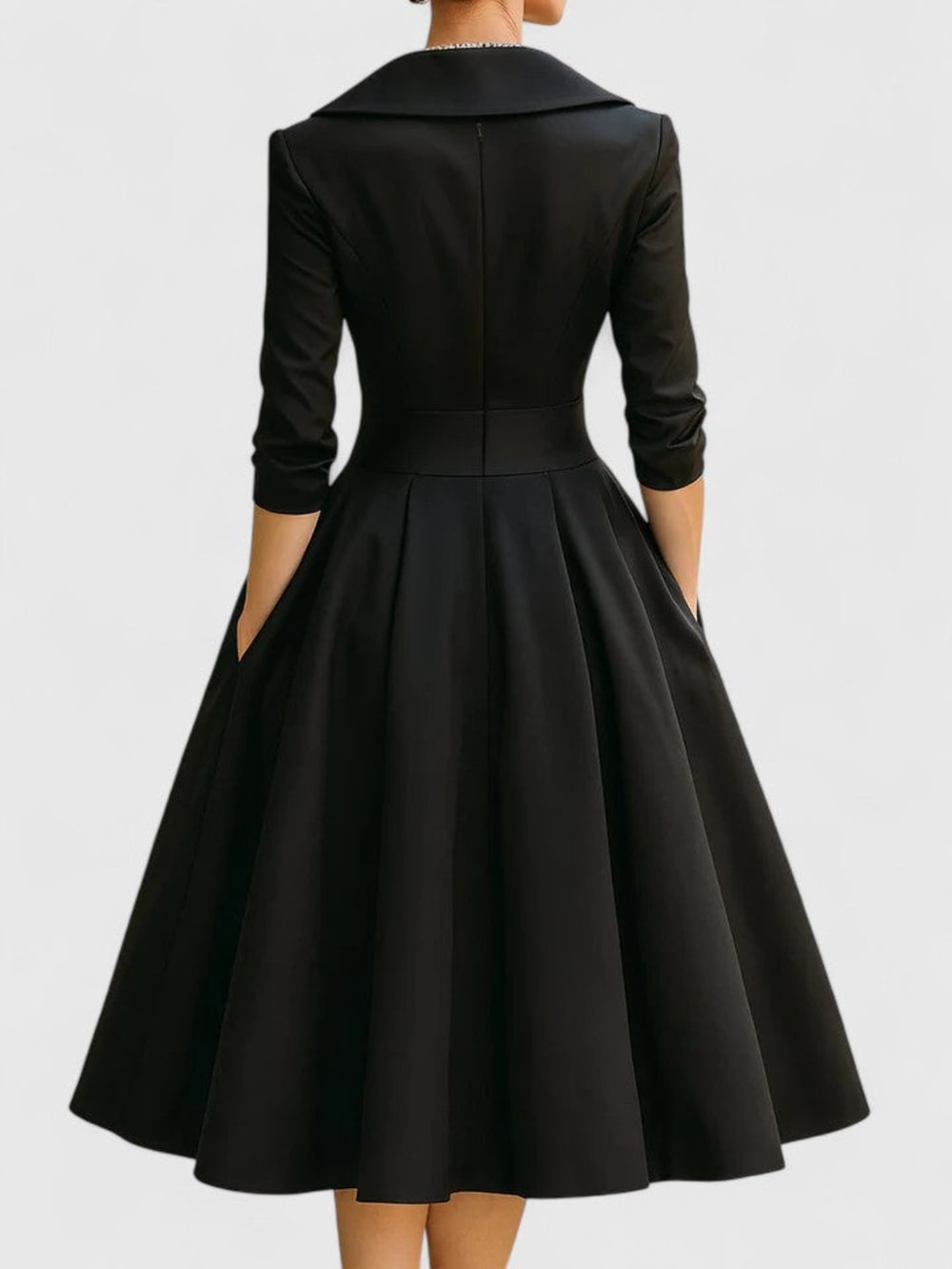 Women's Shawl Collar Midi Dress with Pockets - Clemency - Black