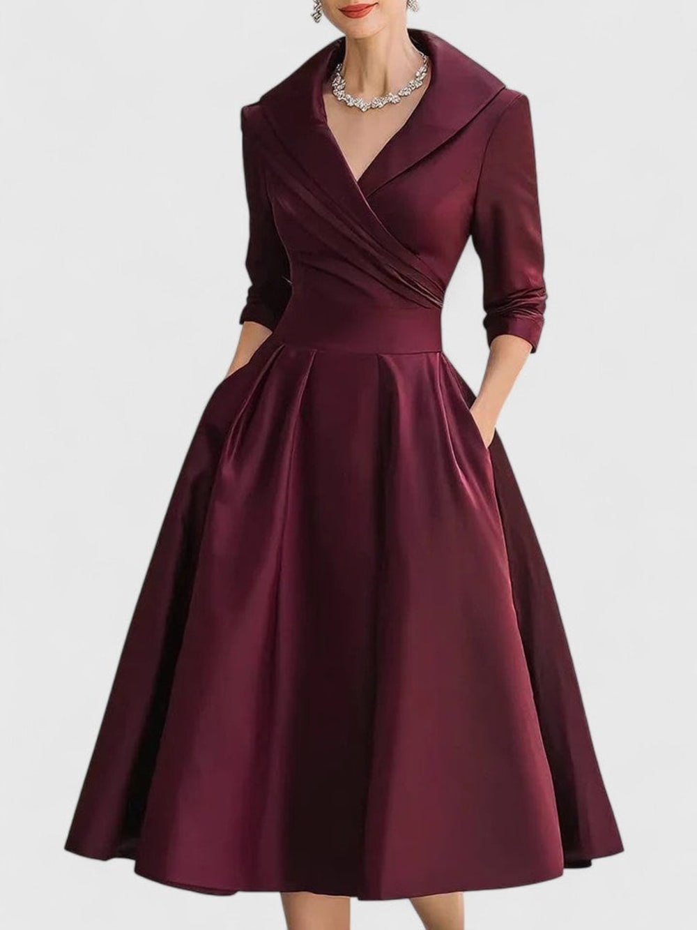 Women's Shawl Collar Midi Dress with Pockets - Clemency - Burgundy