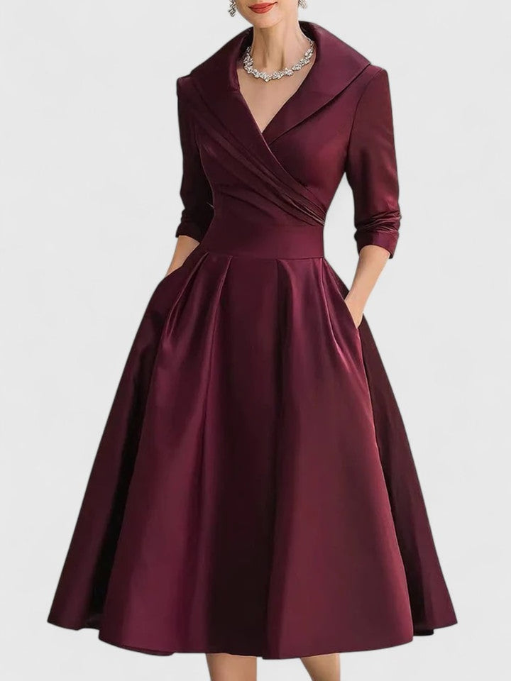 Women's Shawl Collar Midi Dress with Pockets - Clemency - Burgundy